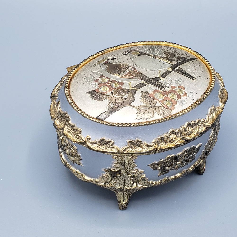 Vintage Sankyo Music Jewelry Box Silver Gold Bird Floral Japan Victorian Rococo